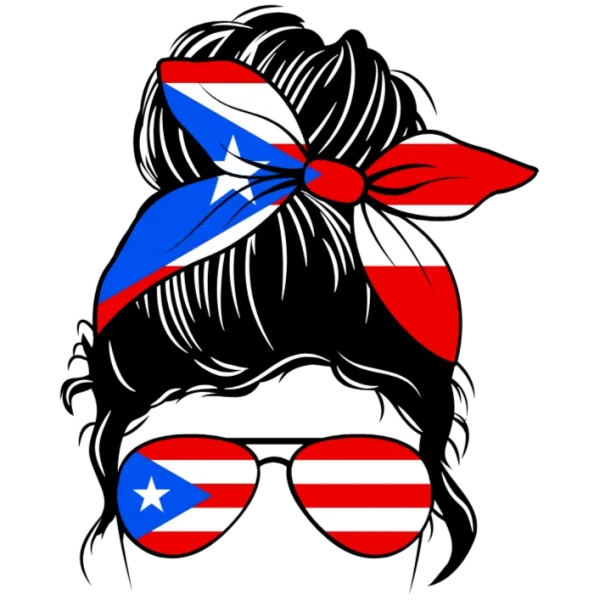 Proud Puerto Rican Woman with Sunglasses and Headscarf in Flag Colors