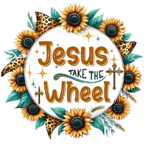 Jesus Take The Wheel GraphicThis PNG image features a bold and inspirational design that combines elements of faith and personal empowerment At its center is a white circle with an orange font displaying the phrase Jesus take the wheel, surrounded by sunflowers, crosses, and leopard print accents The overall effect is one of hope and encouragement, making it a powerful addition to any product where inspiration is needed most