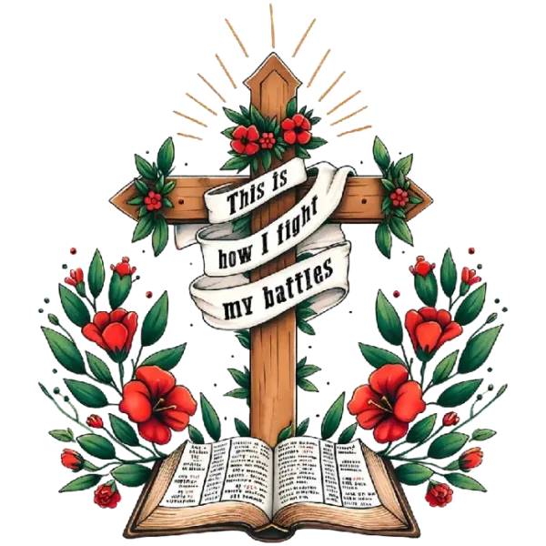 This image is a DTF transfer of an open Bible with a cross over it and the phrase 'This is how I fight my battles' on white fabric The product title for this PNG would be: Faith in Action