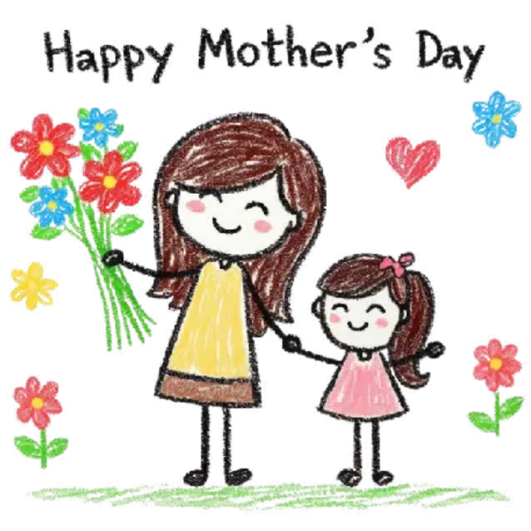 Happy Mother's Day Card with Mom and Child Holding Flowers