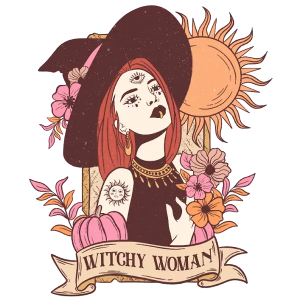 Witchy Woman's Autumn Portrait: A Vintage-Inspired Illustration of a Witch in a Black Dress and Hat, Set Against an Orange Background with Sun Rays and Fall Foliage