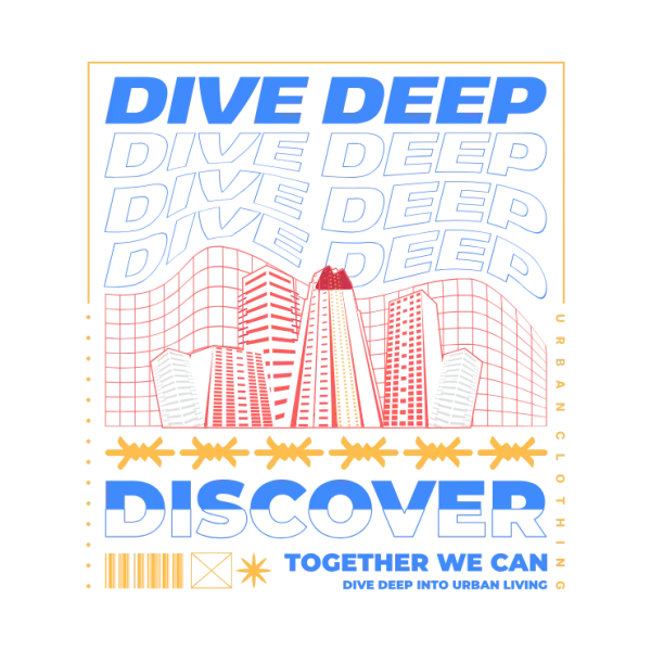 Dive Deep into Urban LivingThis vibrant design invites you to explore the city's hidden treasures and experience its unique energy The phrase Dive Deep is prominently displayed in bold blue text at the top of the image, setting the tone for an adventurous journey through urban landscapesThe design features a stylized illustration of a cityscape, complete with towering skyscrapers and bustling streets The buildings are depicted in a modern, abstract style, with clean lines and geometric shapes that evoke a sense of dynamism and movementAt the bottom of the image, the phrase Together We Can is emblazoned in bold blue text, accompanied by a series of yellow stars that add a touch of whimsy and playfulness to the design The overall effect is one of energy and optimism, suggesting that together we can create something truly specialThe background of the image is a clean white, which provides a crisp contrast to the vibrant colors and bold typography used throughout the design Overall, this product name captures the essence of urban living and invites you to embark on a journey of discovery and exploration