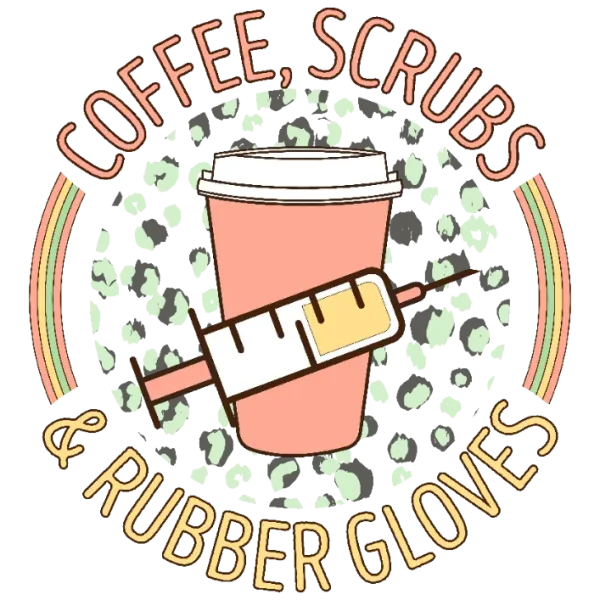 Coffee Lover's Delight: A Vibrant Blend of Coffee, Scrubs, and Rubber Gloves in a Playful Design