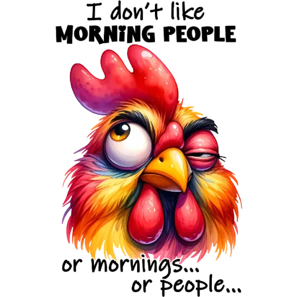 Rise and Shine, Not So Much The image showcases a rooster with tired eyes and droopy eyelids, accompanied by an illustration of two coffee cups: one filled to the brim and the other nearly empty This design is perfect for anyone who loves their morning coffee or simply appreciates the humor in the contrast between the rooster's sleepy demeanor and the energizing effect of a good cup of joe