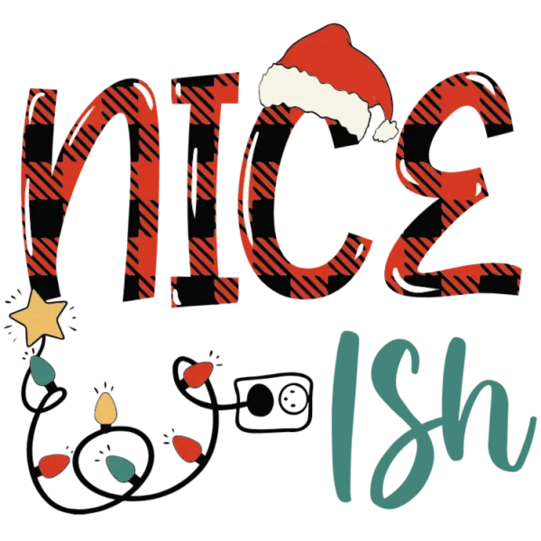 Christmas-themed 'Nice' T-shirtThis image is a festive holiday design featuring the word nice in red and black plaid letters, adorned with a Santa hat on top of the letter C The text is set against a crisp white background, creating a clean and classic look A string of colorful Christmas lights adorns the left side of the image, while a gold star sparkles at the top of the I in niceThe overall style of the design is playful and fun, making it perfect for anyone looking to add some holiday cheer to their wardrobe The use of bright colors and festive elements creates a lively and energetic atmosphere, sure to put viewers in the mood for the holidays