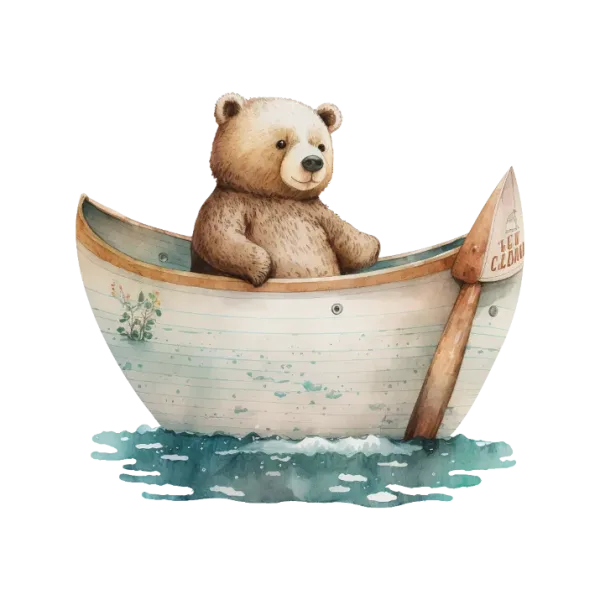 Cruising with a Budding Adventurer This image features a charming illustration of a teddy bear in a boat floating on calm waters, exuding a sense of serenity and adventure The watercolor style gives it an extra touch of whimsy and playfulness This design is perfect for anyone who loves the outdoors or has a soft spot for cuddly animals