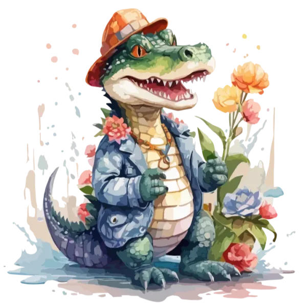 Cute Croc in a Denim Jacket Holding Flowers