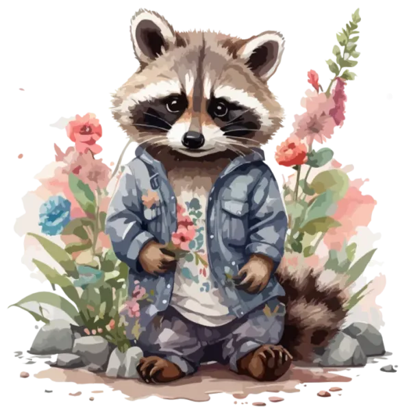 Raccoon in Denim Jacket Among Flowers