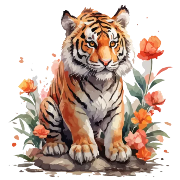 Watercolor Tiger and Flowers