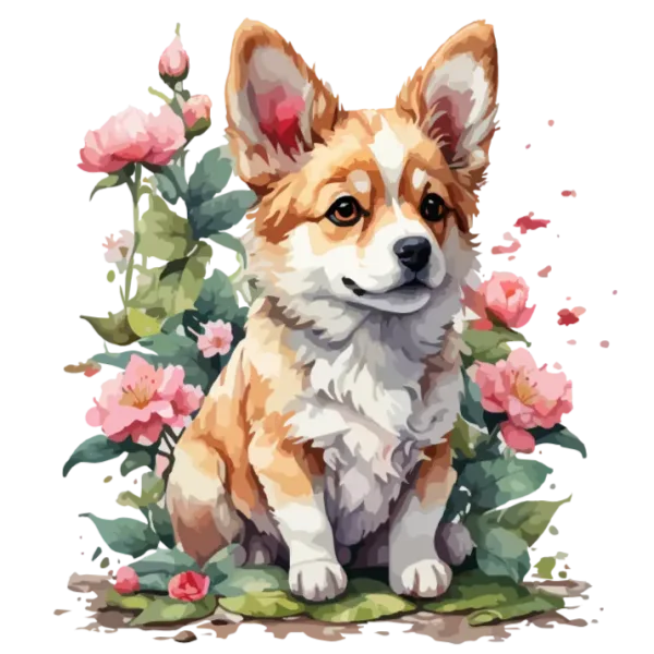 Corgi in a Garden of Pink Flowers