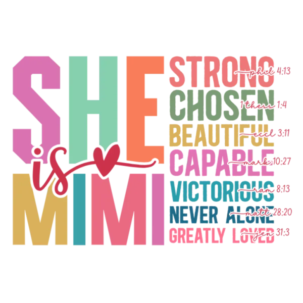 She is Strong, Chosen, Beautiful, Capable, Victorious, Never Alone and Greatly Loved by Mimi