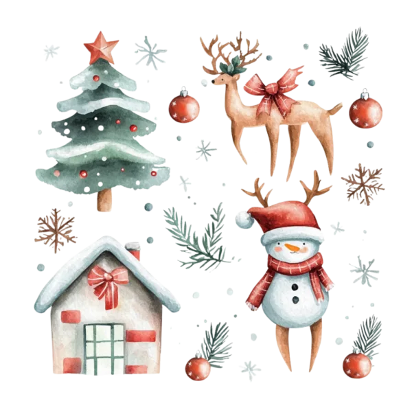 Vintage Old Christmas(Snow House, Tree, Reindeer, Snowman)