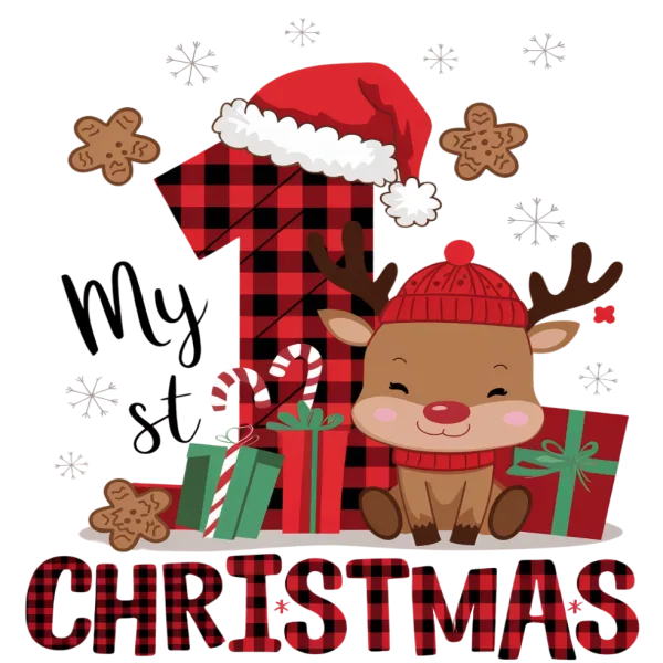 My 1st christmas - Smiling baby reindeer with tree and gifts