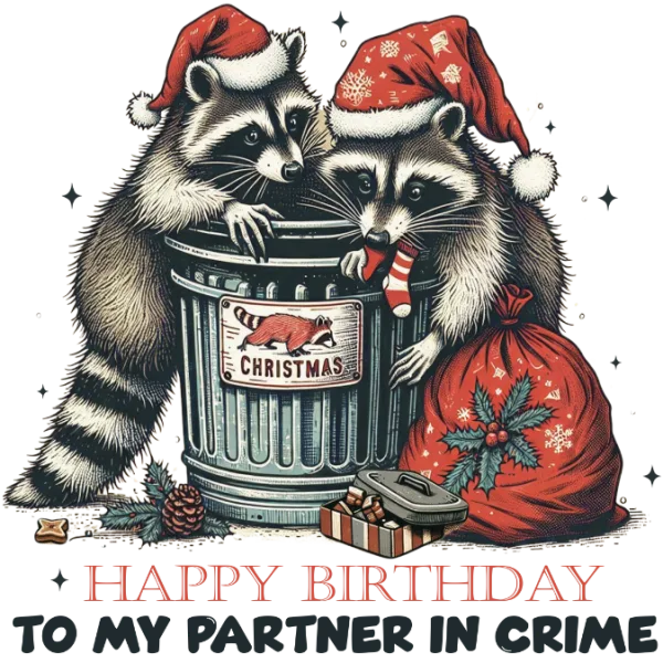 Happy Birthday To My Partner In Crime Raccoons (Christmas Themed)